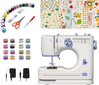 Stoigeld Portable Sewing Machine for Beginners with 20Pcs Fabric & 32Pcs Sewing Threads Kit,mini Sewing Machine with 12 Built-in Stitches & 2 SpeedHigh-Low Speeds-SM-725