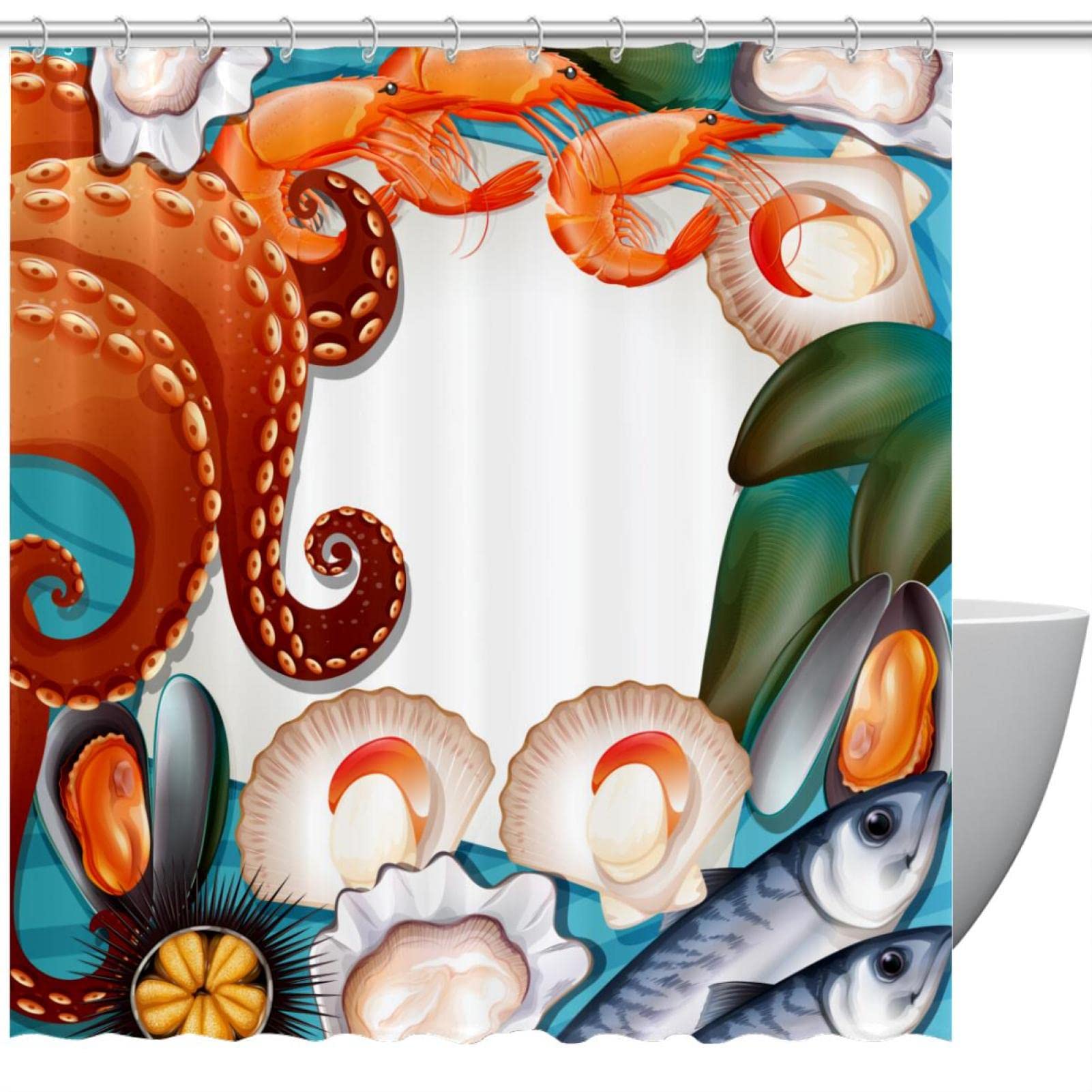 Rideau de douche fruits de mer 168x183 cm pour salle de bain turquoise