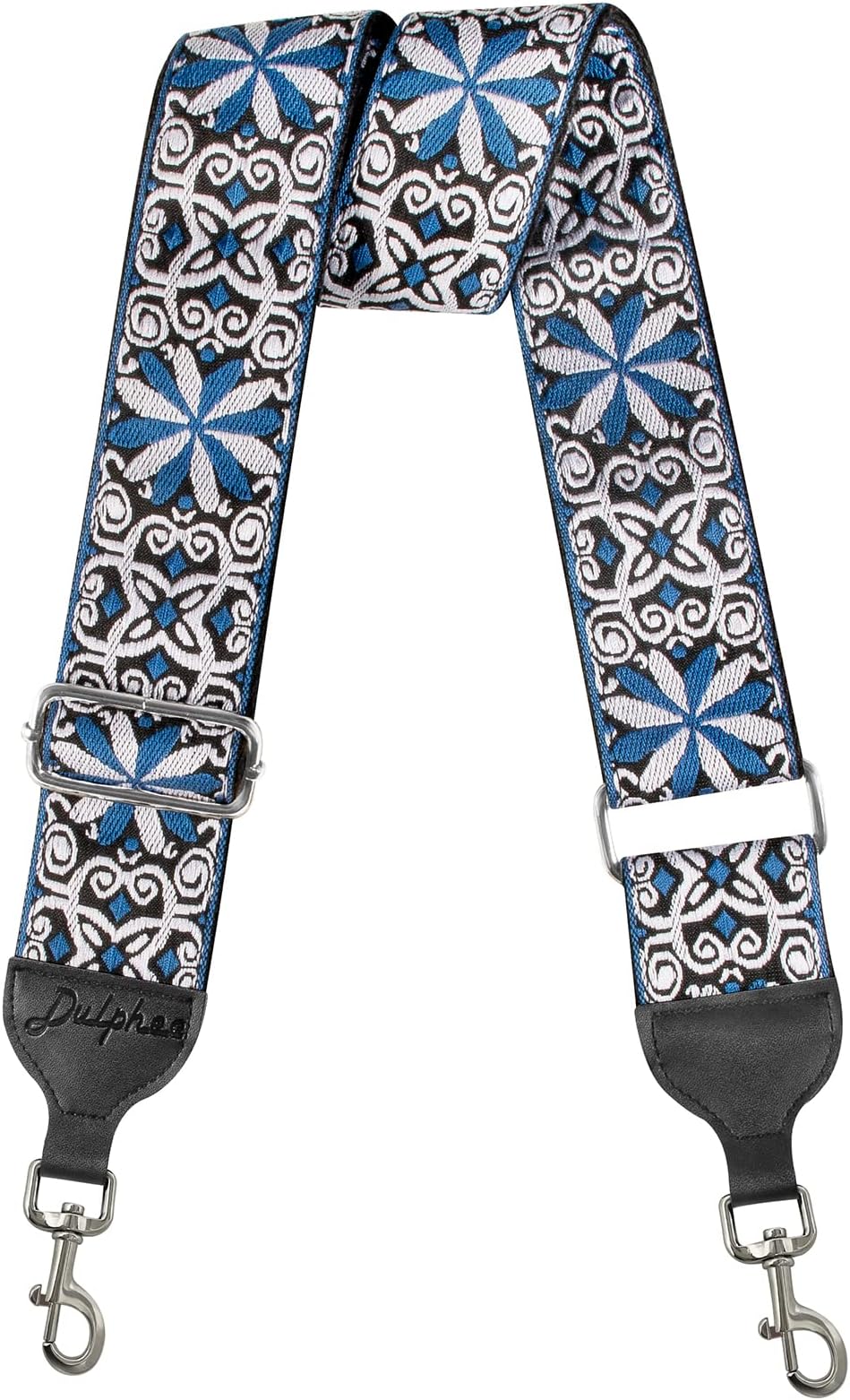 Dulphee Purse Strap, Jacquard Embroidered 2" Wide Soft Cotton & Leather Ends Purse Straps Replacement Crossbody Bag Straps, Jacquard Blue White, Regular