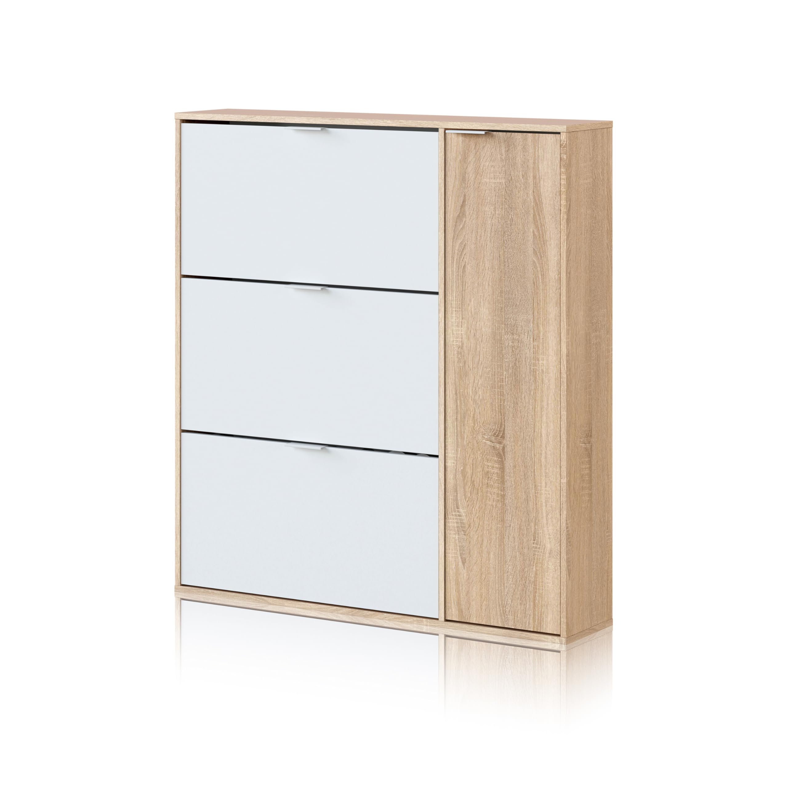 duehome | Mueble Zapatero 4 Puertas, Modelo Eris, Acabado en Roble Canadian y Blanco Artik, Medidas: 106 cm (Ancho) x 115 cm (Alto) x 22 cm (Fondo)