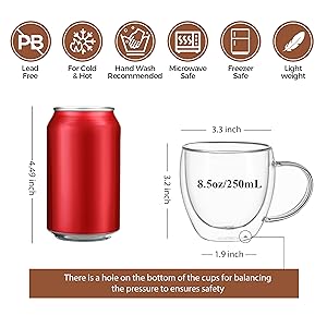 CNGLASS 8.5oz Glass Coffee Mug,Double Wall Insulated Glass Mugs with Handle,Clear Espresso Mugs for Latte,Cappuccino,Tea Bag,Set of 4