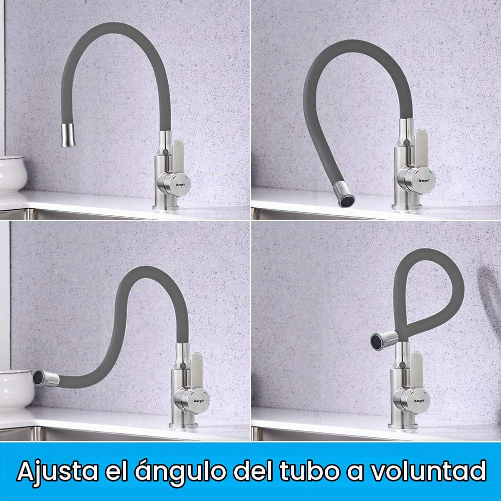 Ibergrif M22119-9 Grifo de Cocina Gris con Caño Flexible Universal, Grifería para Fregadero, Acero Inoxidable Cepillado, Gris, 3/8"