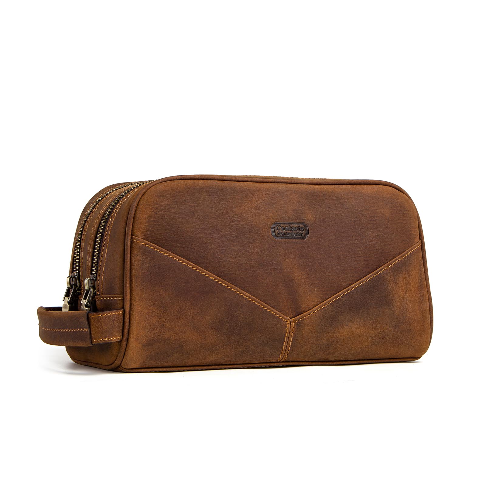 Sam's Design Genuine Leather Toiletry Bag Zipper Dopp Kit Travel Handbag Clutch Overnight Wash Gym Shaving Bag for Men/Women (Brown)