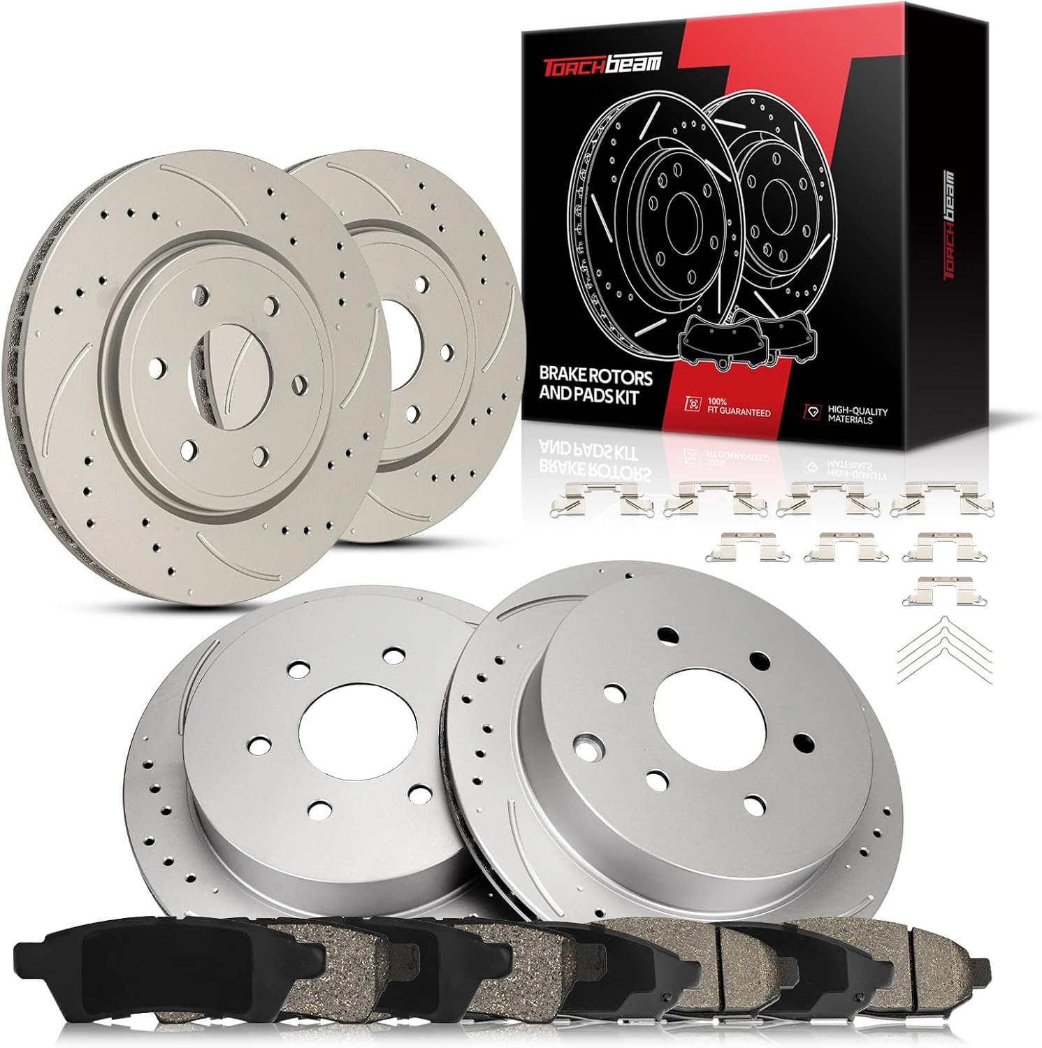 Torchbeam Front and Rear OE Brake Rotors & Ceramic Brake Pads Drilled Slotted Replacement for Nissan 2005-2019 Frontier 4.0L, Nissan 2005-2015 Xterra, Suzuki 2009-2012 Equator 4.0L, 10PR1700054