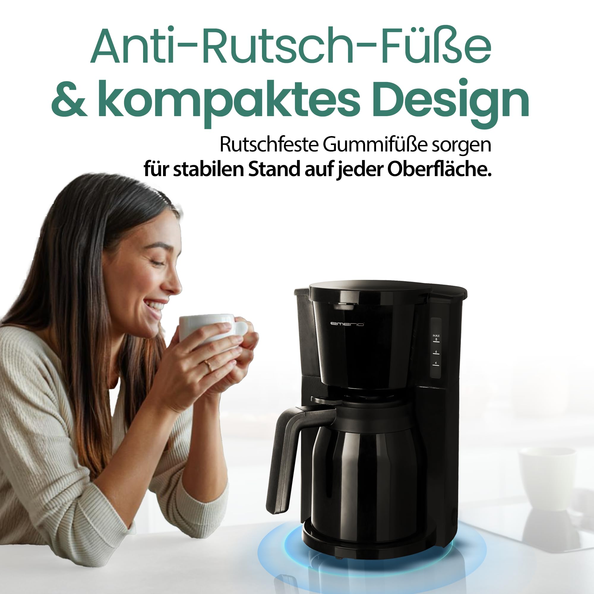 Emerio Cafetera de filtro con 2 jarras térmicas, 900W, hasta 8 tazas en una sola pasada, filtro giratorio 1x4 con sistema antigoteo, incluye filtro permanente, apagado automático, piezas de plástico