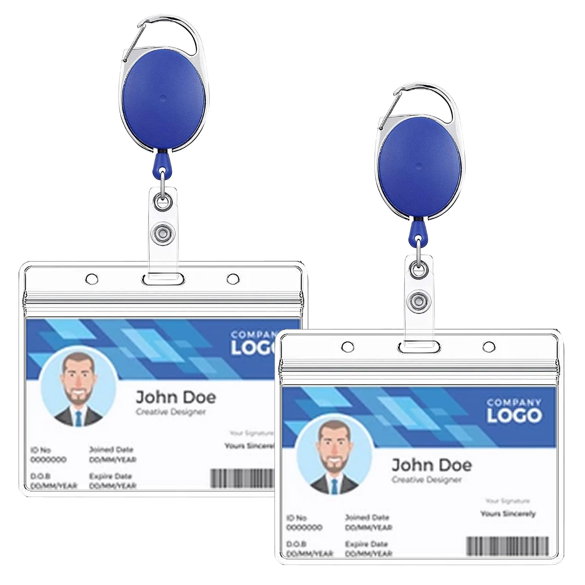 GLUN® Pack of 2 Sliding Badge ID Card Holders with Horizontal Card Holder for Office Employee and Staff Retractable YOYO Badge Reel Plastic and ID Cards(Blue)