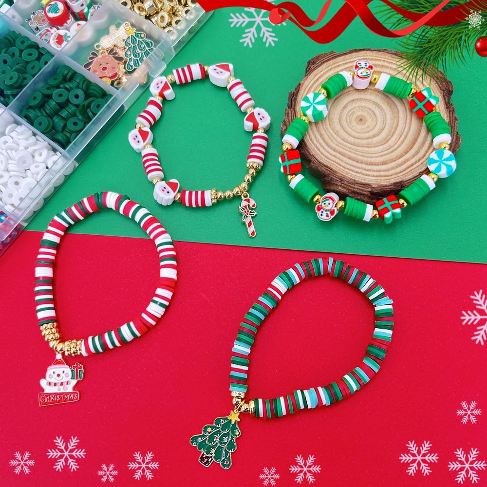 MIIIM Christmas Clay Beads Craft Kit - 3000 Polymer Beads, Charms & Gold Spacers For DIY Bracelets & Jewelry Making
