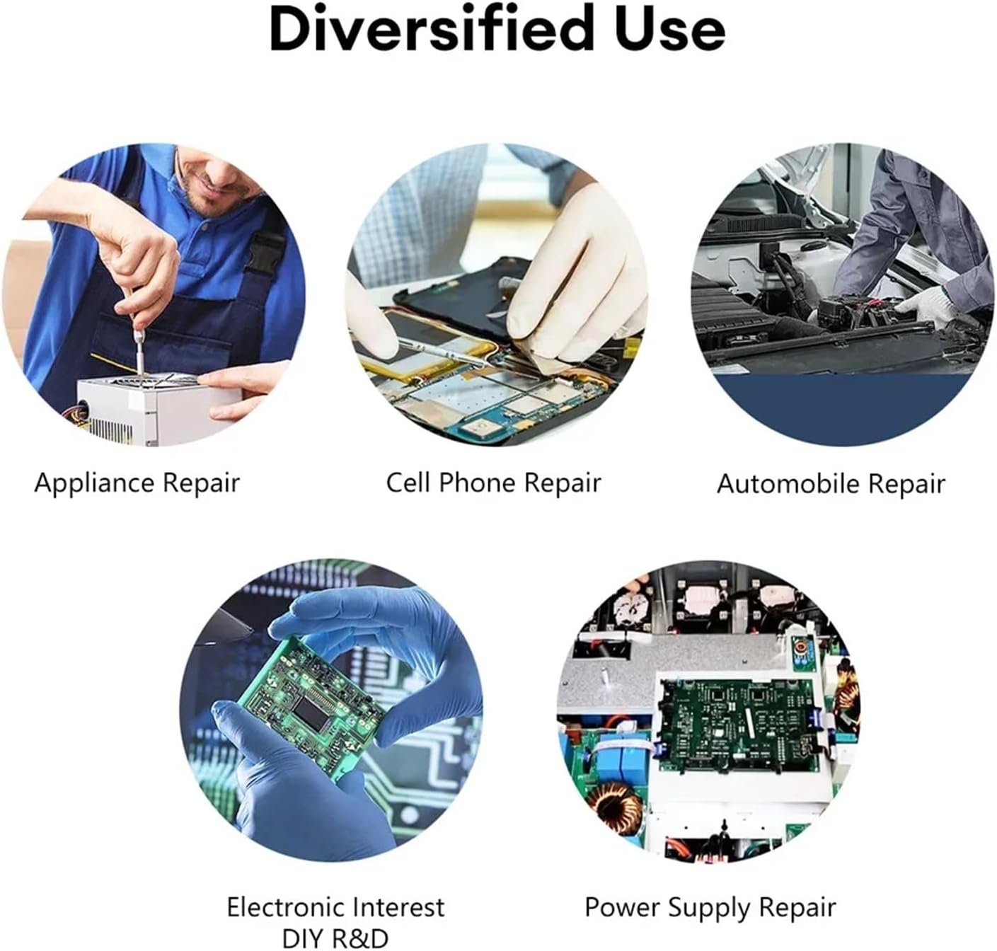 Circular images depicting various applications: Appliance Repair, Cell Phone Repair, Automobile Repair, Electronic Interest DIY R&D, Power Supply Repair