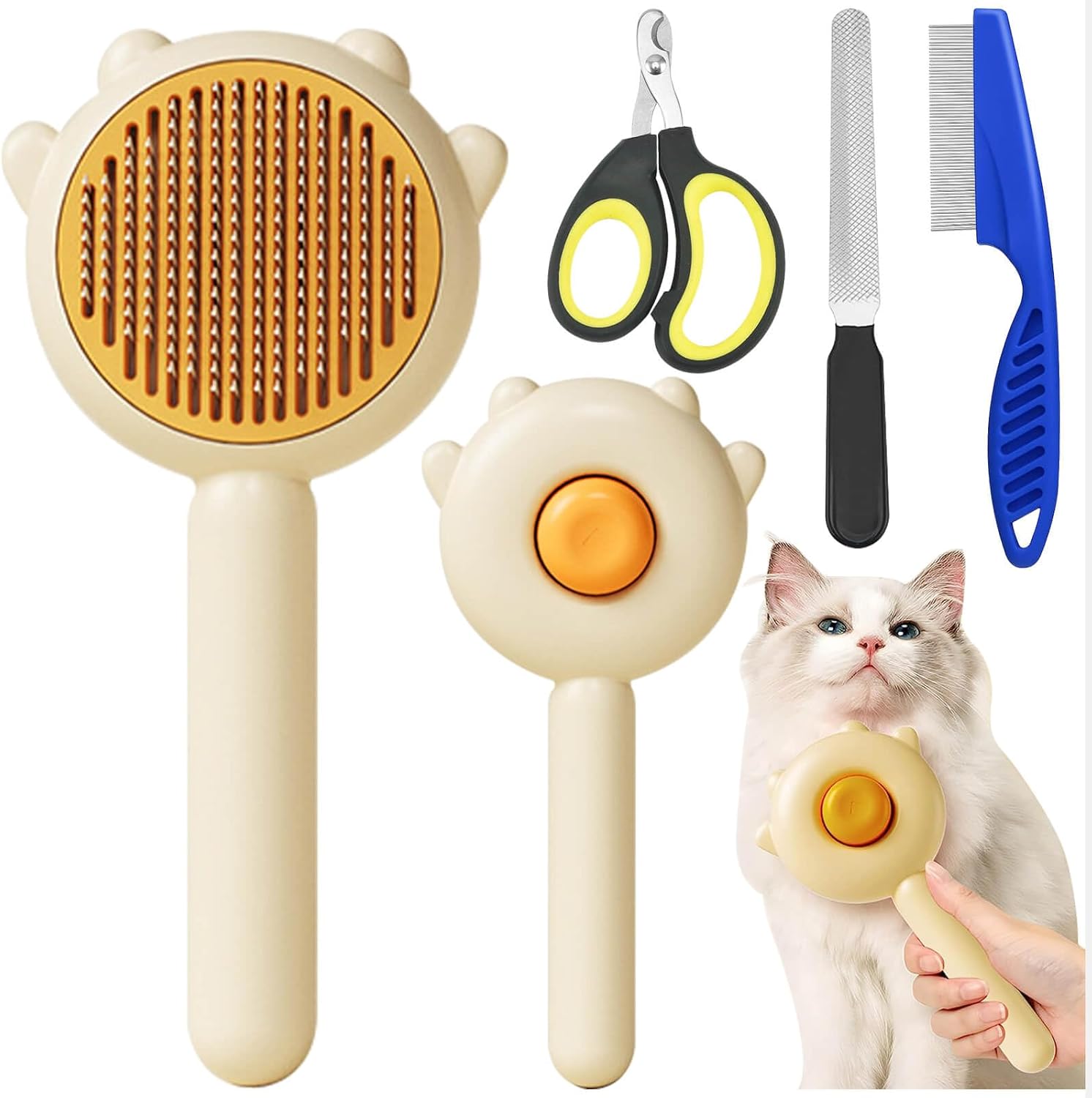 Self-Cleaning Cat Grooming Brush with Release Button and Nail Clipper Set