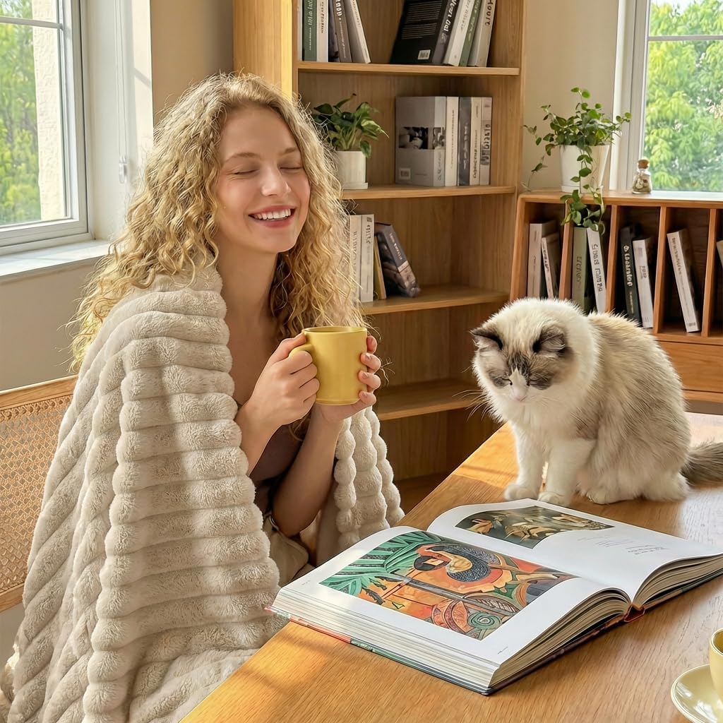 IMEET Linen Ribbed Twin Blanket for Bed - 300GSM Lightweight Soft Fleece Blanket for Men Women, Cozy Blankets Graduation Birthday Gifts, Striped Spring Home School Dorm Decor, Linen, 60x80 Inches