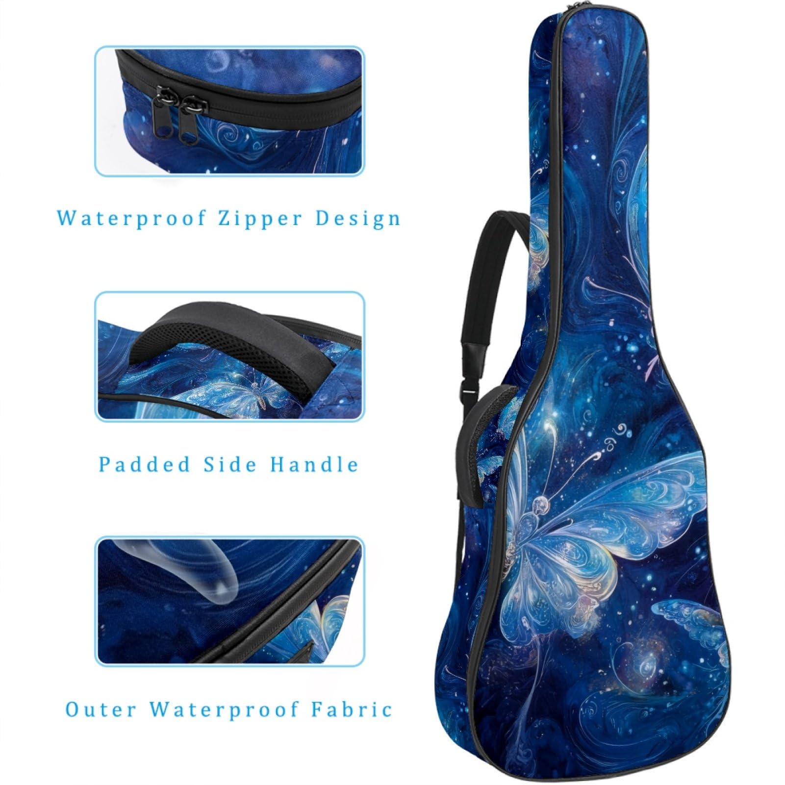 43 Zoll Akustikgitarre Softcase mit Rucksackgurt und 2 Taschen Blau leuchtende Schmetterlinge, keine Polsterung, Rucksack Wasserdicht Oxford Tuch Bassgitarre Gigbag für Konzertgitarre,