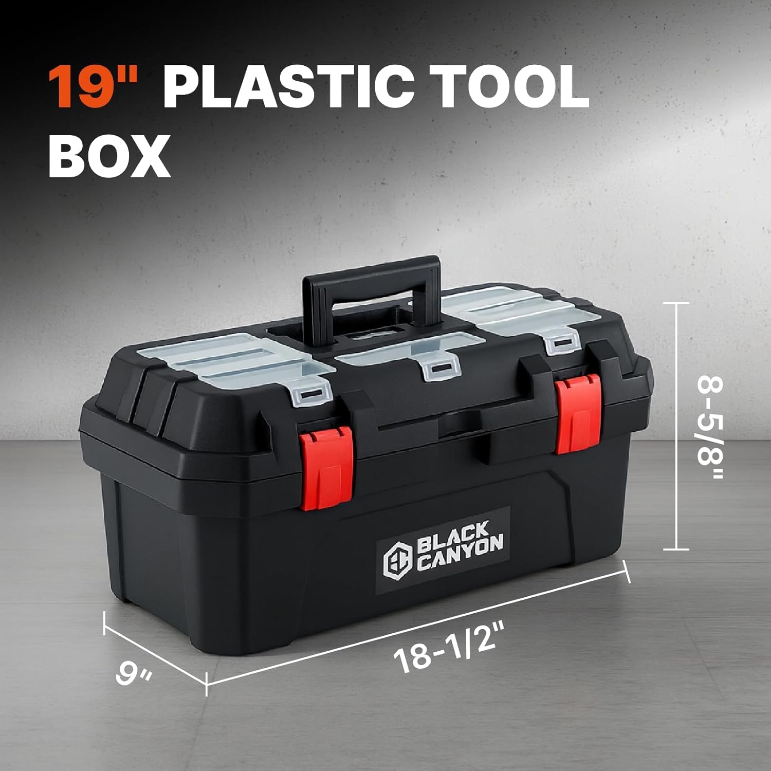 Black Canyon 19 Inch Portable Plastic Tool Box, 19 in × 9.6 in × 8.3 in, Padlockable 1 Piece 19 in