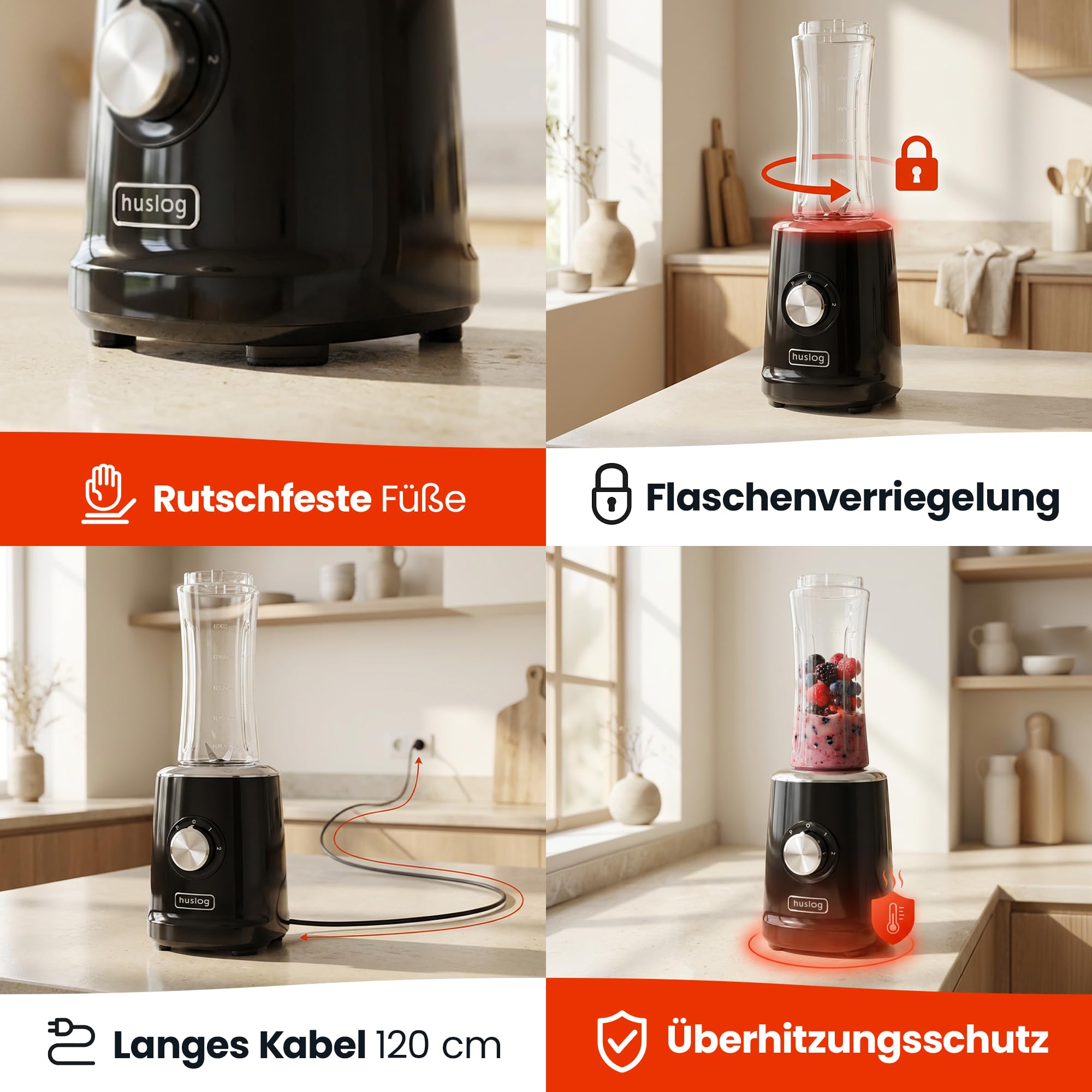 Blender Smoothie 500W, 4 Edelstahlklingen, 600ml Blend & Go Flasche, 2 Geschwindigkeiten+Pulsfunktion, Rutschfeste Basis, Überhitzungsschutz, Standmixer für Smoothies, Proteinshakes, Schwarz