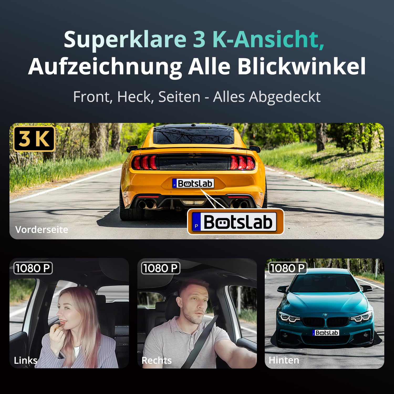 BOTSLAB Dashcam 4 Kanal mit Parküberwachung, 360° GPS, 5,8GHz WiFi, 3K+1080P×3, 3,18" IPS, Nachtsicht, WDR, G-Sensor, Loop-Aufnahme, 128GB SD-Karte
