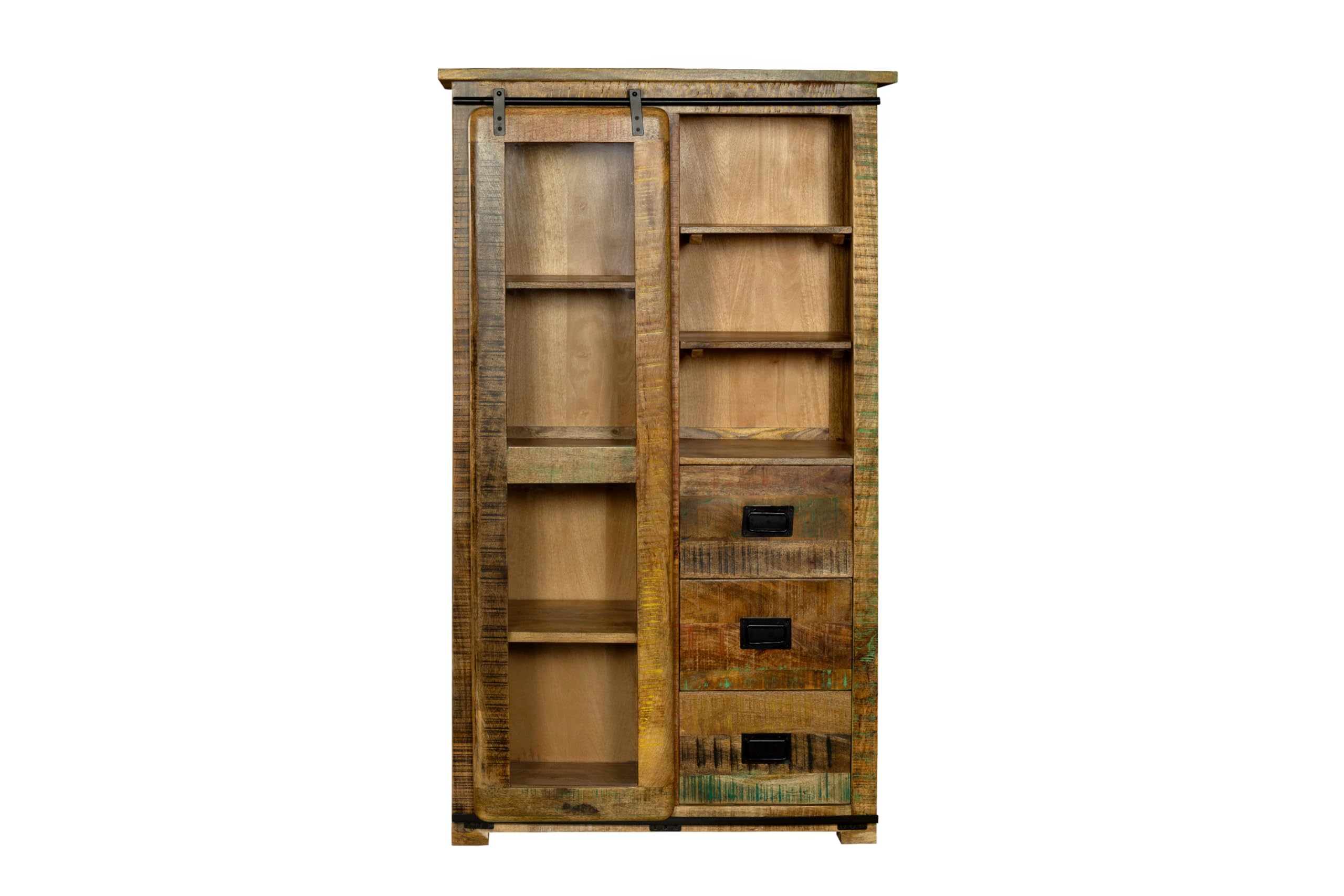 SAM Vitrine Libro, Mangoholz massiv + bunt, Glasvitrine mit Einer Glasschiebetür, 3 Schubladen & 7 offenen Fächern, Türelemente & Reling aus Eisen, 100 x 175 x 43 cm, Shabby Chic