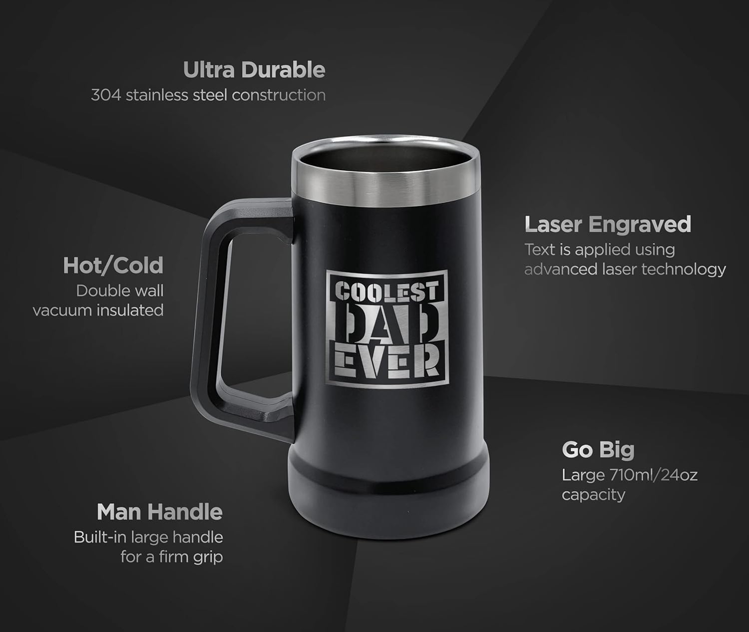 Unique XL Stainless Steel Insulated Tumbler Cup with Handle (24oz) Beer Mug for Hot/Cold Drinks, Gift Idea for Christmas, Birthday, Father's Day, Coolest Dad Ever (Gift-Boxed)