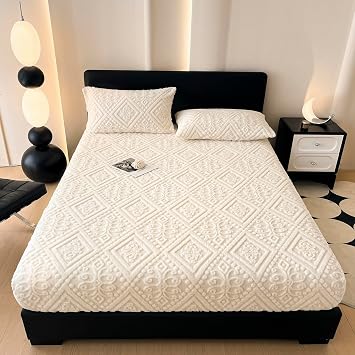 ZIQINPSQ Taffeta Velvet Jacquard Queen Fitted Sheet - Luxury Bedding - Ultra-Soft, Quick-Heat, Anti-Static, 360 Mattress Protector, White, No Pillowcases