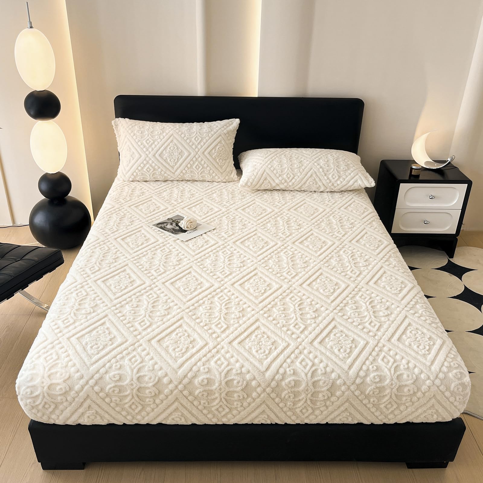 Photo 1 of ZIQINPSQ Taffeta Velvet Jacquard Twin Fitted Sheet - Luxury Bedding - Ultra-Soft, Quick-Heat, Anti-Static, 360° Mattress Protector, White, No Pillowcases