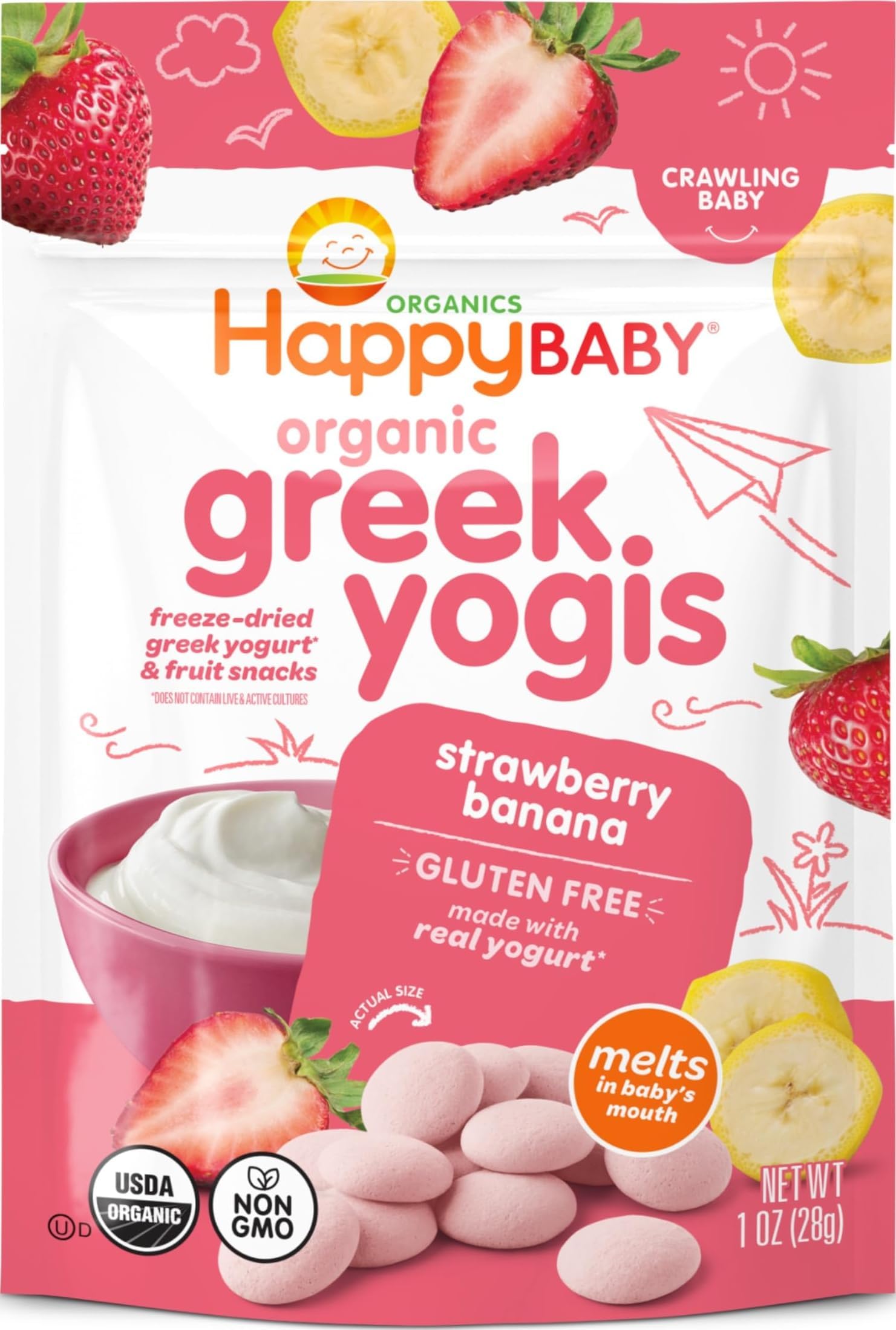 Happy Baby Organics Baby Snacks, Greek Yogis, Freeze Dried Yogurt & Fruit Snacks, Gluten Free Snack for Babies 9+ Months, Strawberry & Banana, 1 Ounce