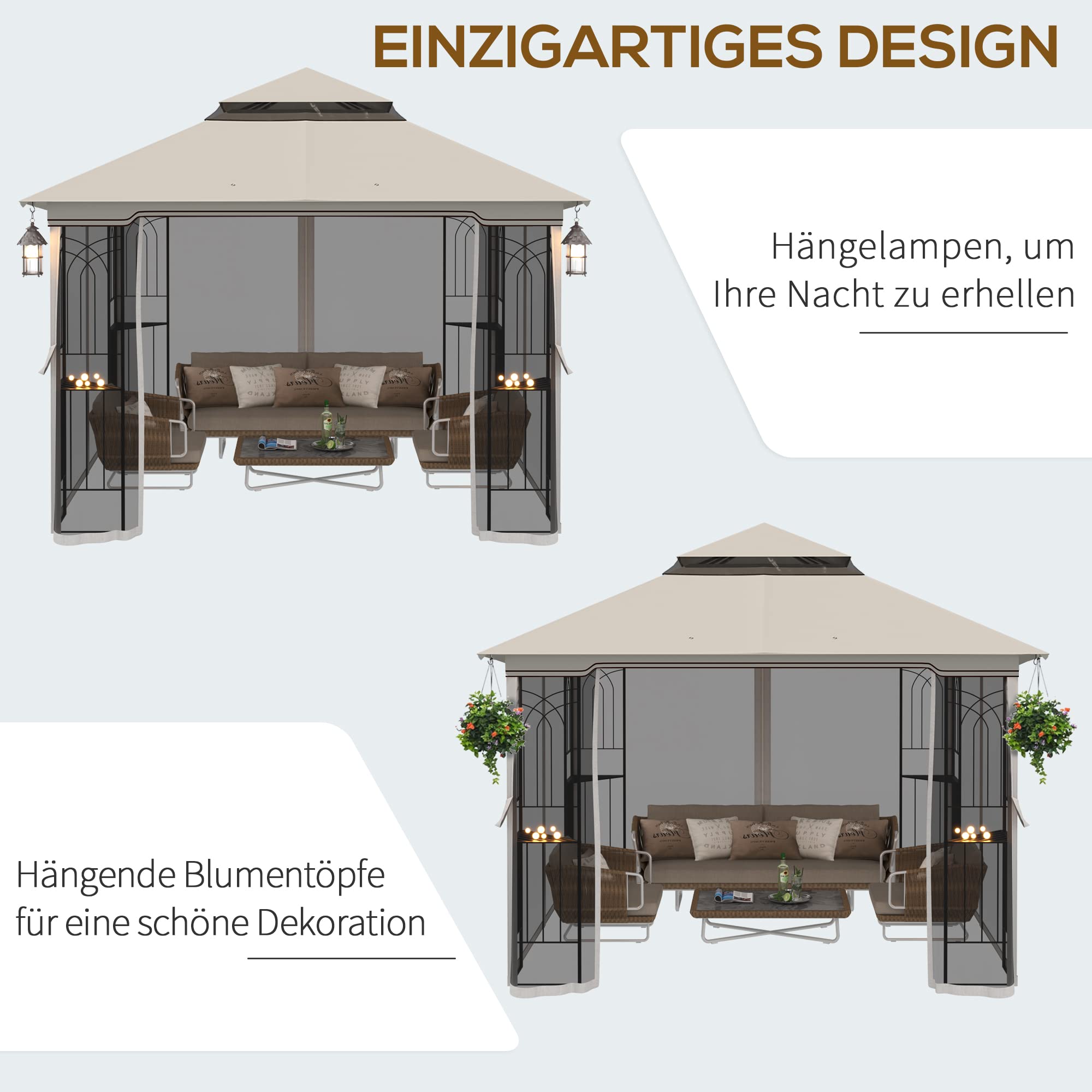 Outsunny Gartenpavillon mit Doppeldach Pavillon Gartenzelt Festzelt Partyzelt mit 4 x Seitenwand Metall+Polyester Beige 2,99 x 2,99 x 2,74 m