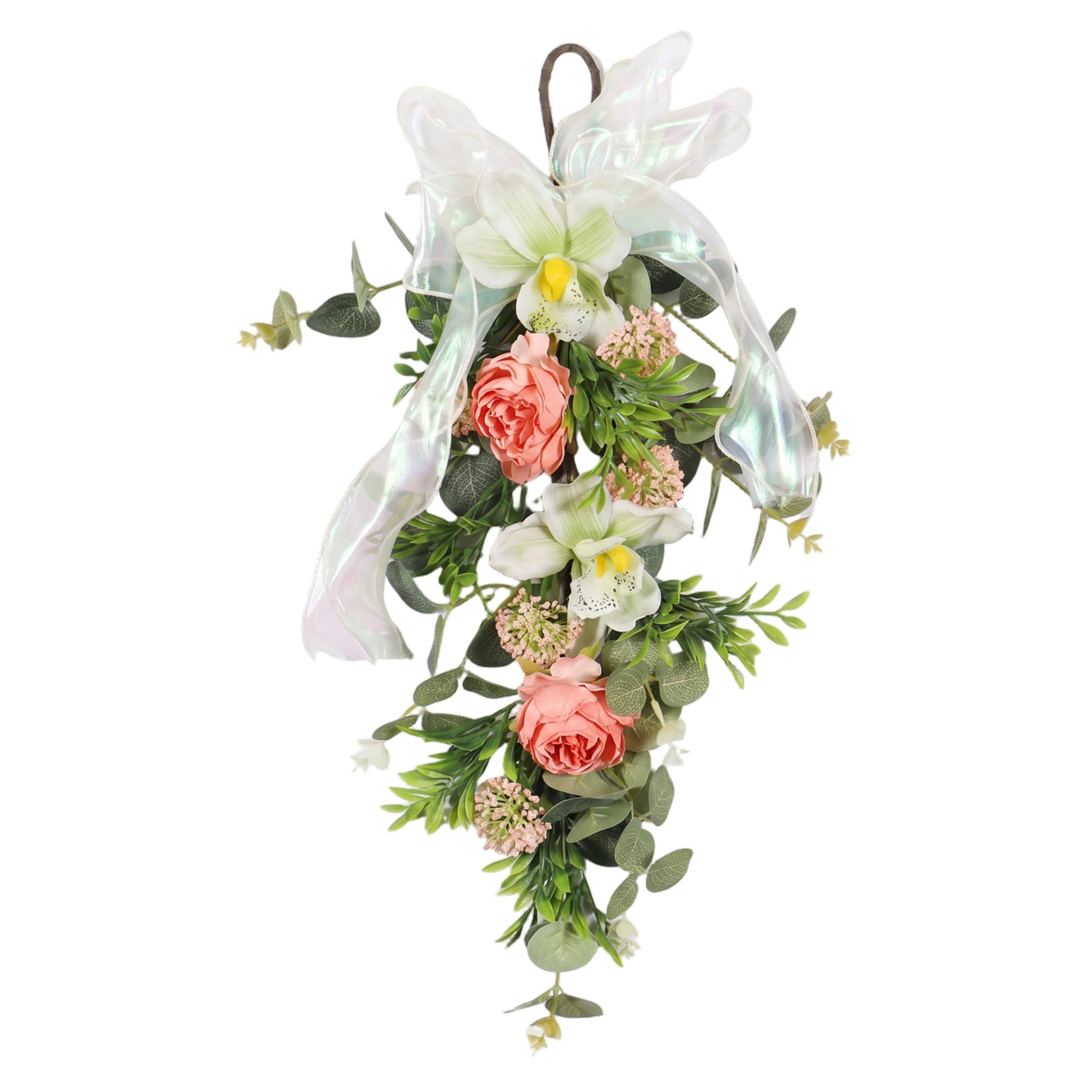 Syglawnd Teardrop Wreath, Fresh Floral Design Door Wreath with Lily & Camellia & Ribbon, Hanging Wall & Entryway Decor, 20 inch, Teardrop Wreaths For Front Door