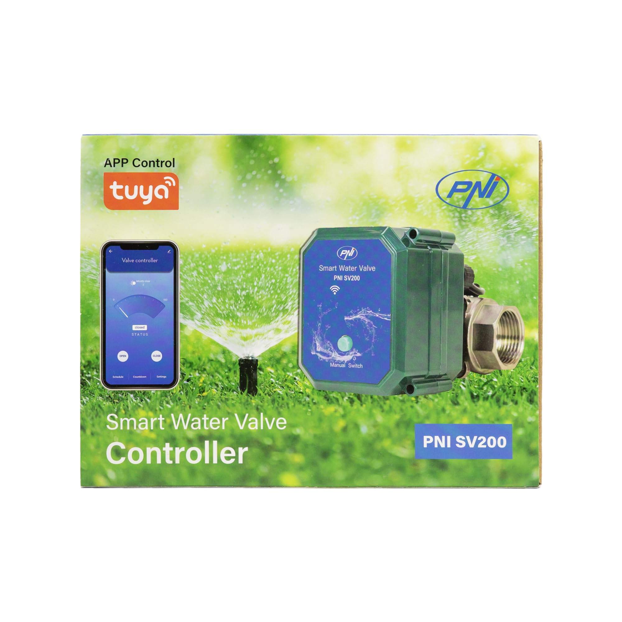 PNI Válvula de agua inteligente PNI-SV200 SV200, conectividad Wi-Fi, IP65, DN20, aplicación Tuya 3/4, compatible con Amazon Alexa y Google Home, color verde