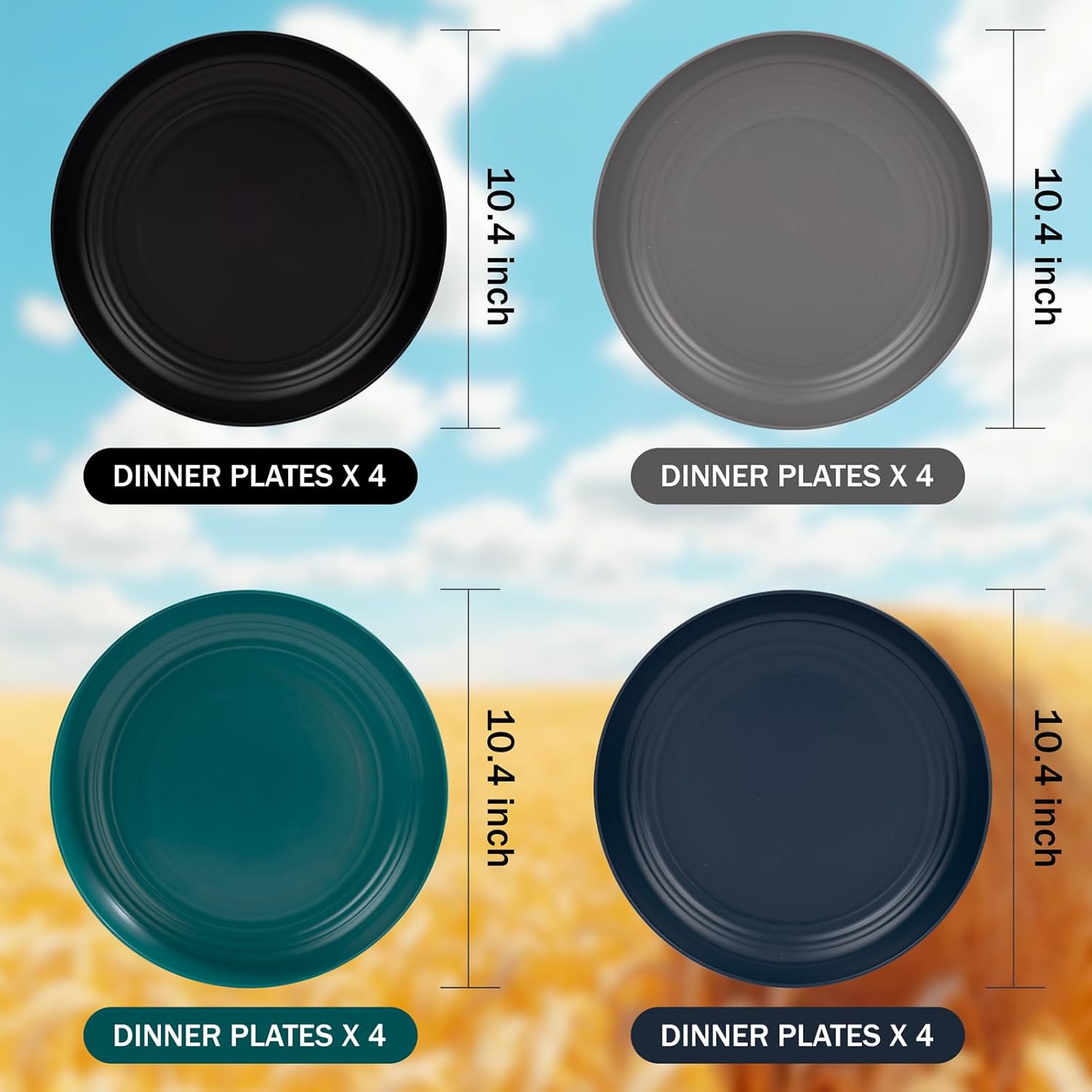 Supernal 10" Wheat Straw Dinner Plates,Reusable&Durable Plastic Plates Dishwasher Safe,16-Pack (4 Black, 4 Dark Green, 4 Dark Blue, 4 Dark Gray), Versatile Tableware for Modern Dining and Outdoor Use