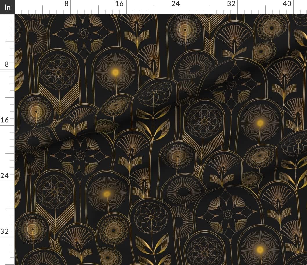 Spoonflower Fabric - Art Deco Flower 1920s Gold Floral Black Flowers Geometric Dark Printed on Petal Signature Cotton Fabric Fat Quarter - Sewing Quilting Apparel Crafts Decor
