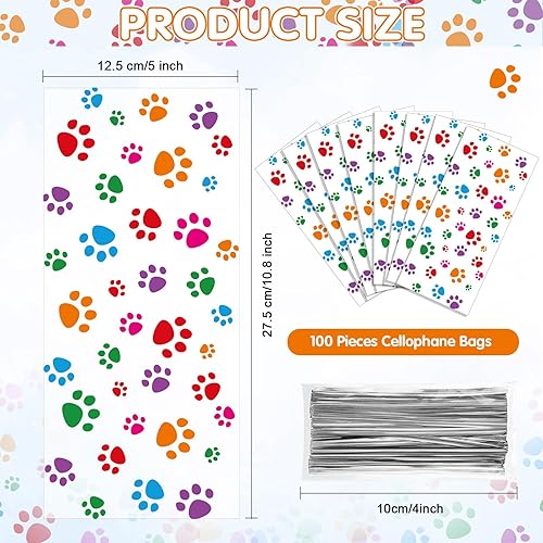 Miniatura 2 de Blulu 100 bolsas de golosinas para perros, recuerdos de fiesta para cachorros, bolsas de celofán con cono de pata de mascota, dulces sellables con