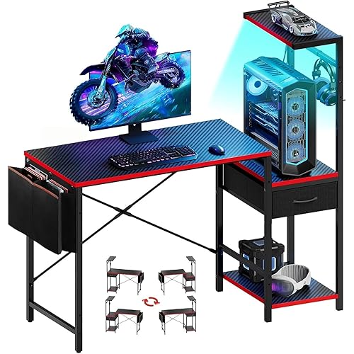 Bestier Gaming Desk with Drawer, 44 Inch Small Computer Desk with PC Shelf, Gaming Table with LED Lights for Small Spaces, Reversible Gamer Desk with Storage Bag & Side Hook, Black-RED