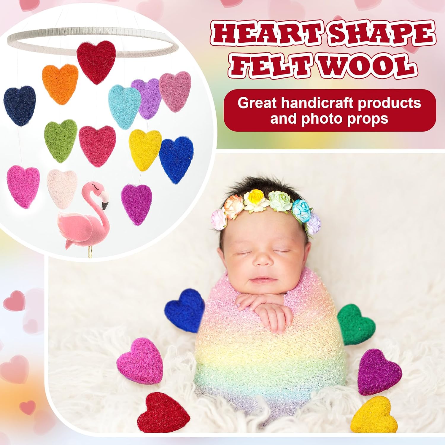 Fanfanwin 15 Pcs Felt Hearts for Crafts 1.6 Inch Rainbow Hearts Wool Ornaments for Garland Wreath Nursery Decor Felt Balls for Crafts Birthday Baby Shower Photo Bunting Home Party Decor DIY