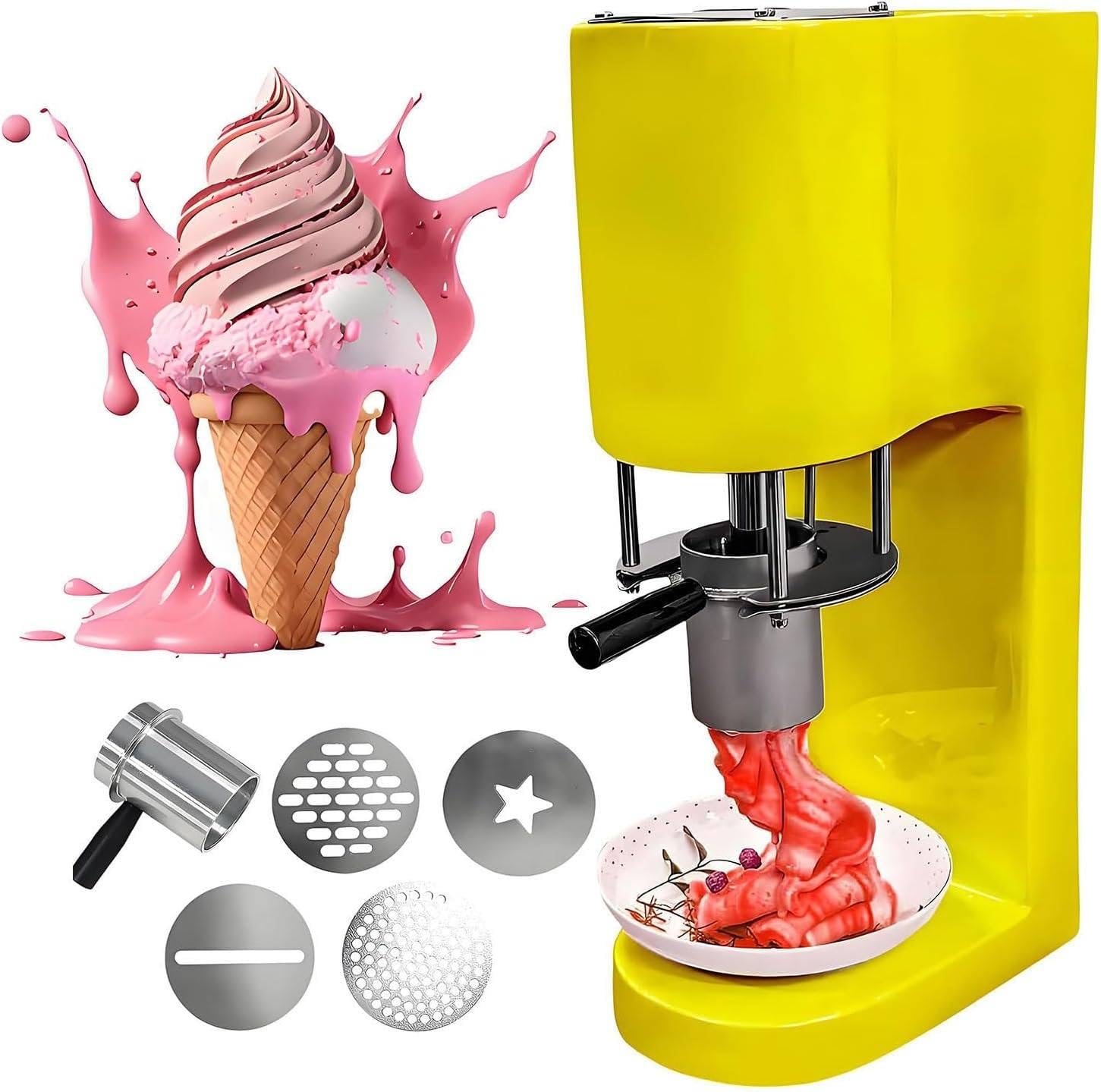 Eismaschine mit Spaghetti-Presse (7,4–7,9 Gallonen/Stunde), 80-W-Gewerbe-Eismaschine, Nudeleismaschine, einfach zu bedienen, für Gelaterias und Dessertläden Yellow