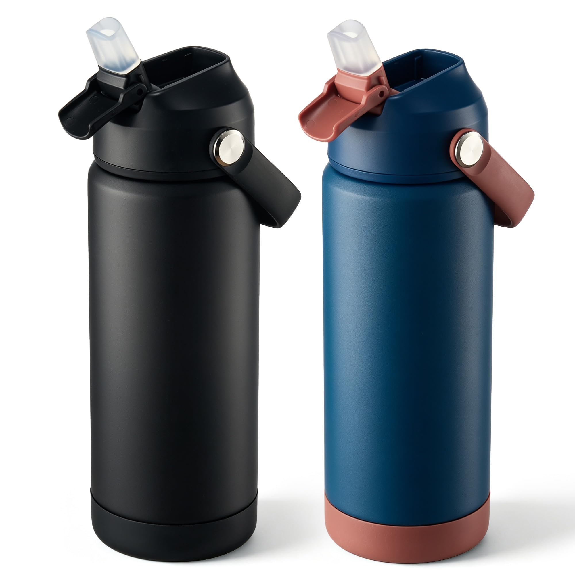 Fijinhom 18 oz Insulated Water Bottle with Straw Lid, Stainless Steel Water Bottles, Double Wall Vacuum, Portable Handle & Non-slip Bottom, BPA Free Leak Proof Metal Bottles (Black+Sapphire, 2pack) Black+Sapphire 18 Ounces(2 Pack)