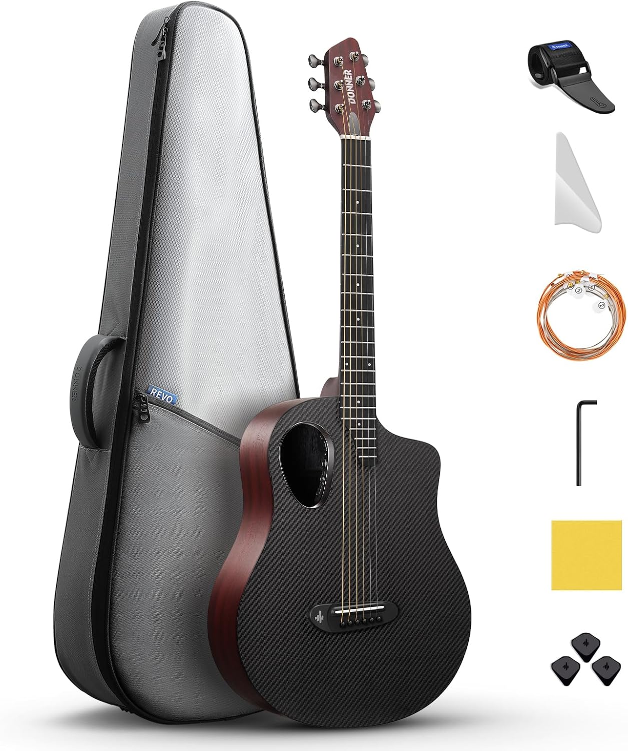 Donner Carbon Wood Acoustic Electric Guitar Bundle for Beginner Intermediate with Built-in Pickups, 38 Inch, RISING-G2 (Wine Red)