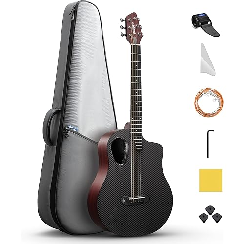 Donner Carbon Wood Acoustic Electric Guitar Bundle for Beginner Intermediate with Built-in Pickups, 38 Inch, RISING-G2 (Wine Red)