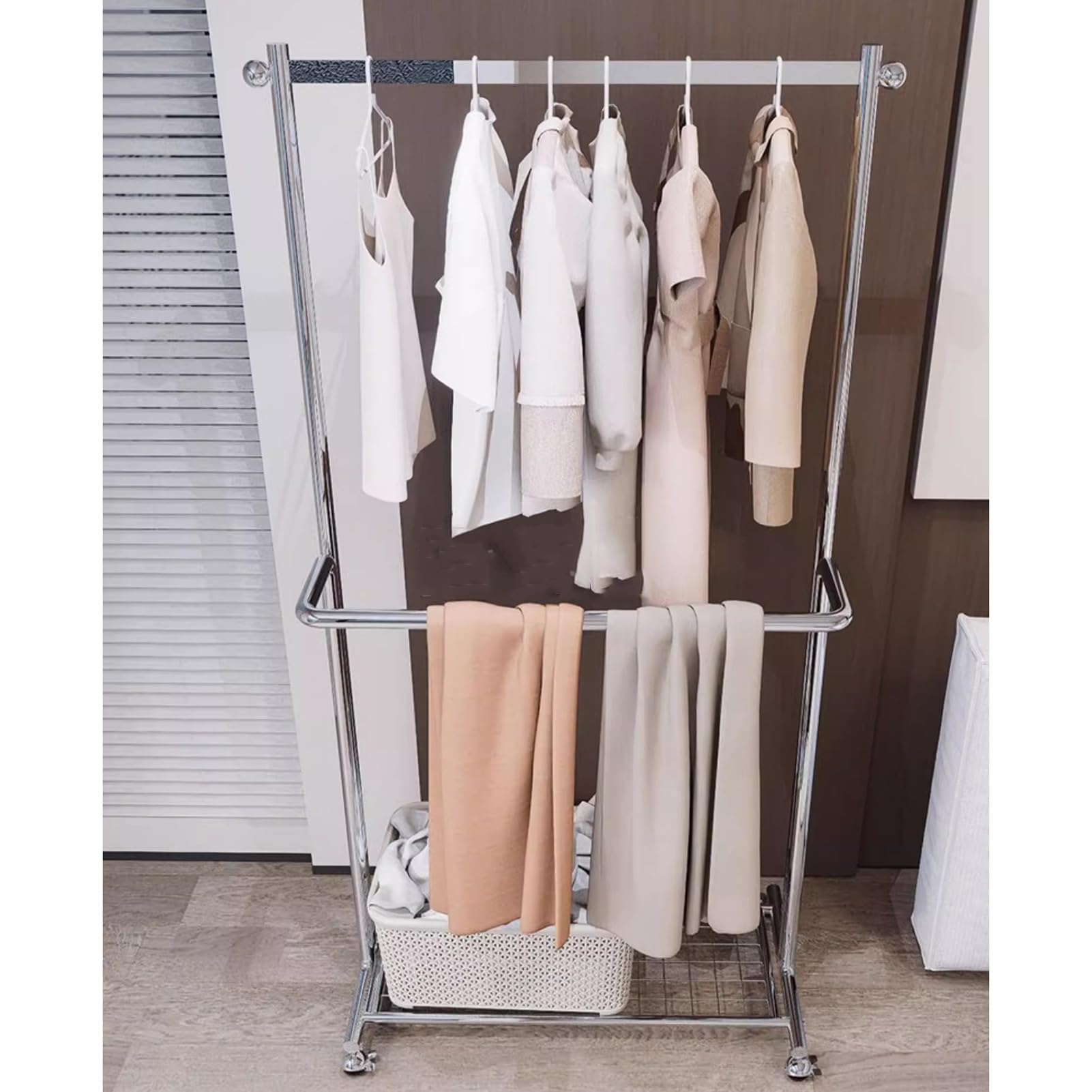 Stand Appendiabiti Porta Abiti A Doppia Asta Con Ruote, Appendiabiti In Acciaio Inox Argento Con Ripiani, Organizador De Armario Portátil Para Dormitorio Y Sala De Estar, Attaccapan(Size:120X40X170CM)