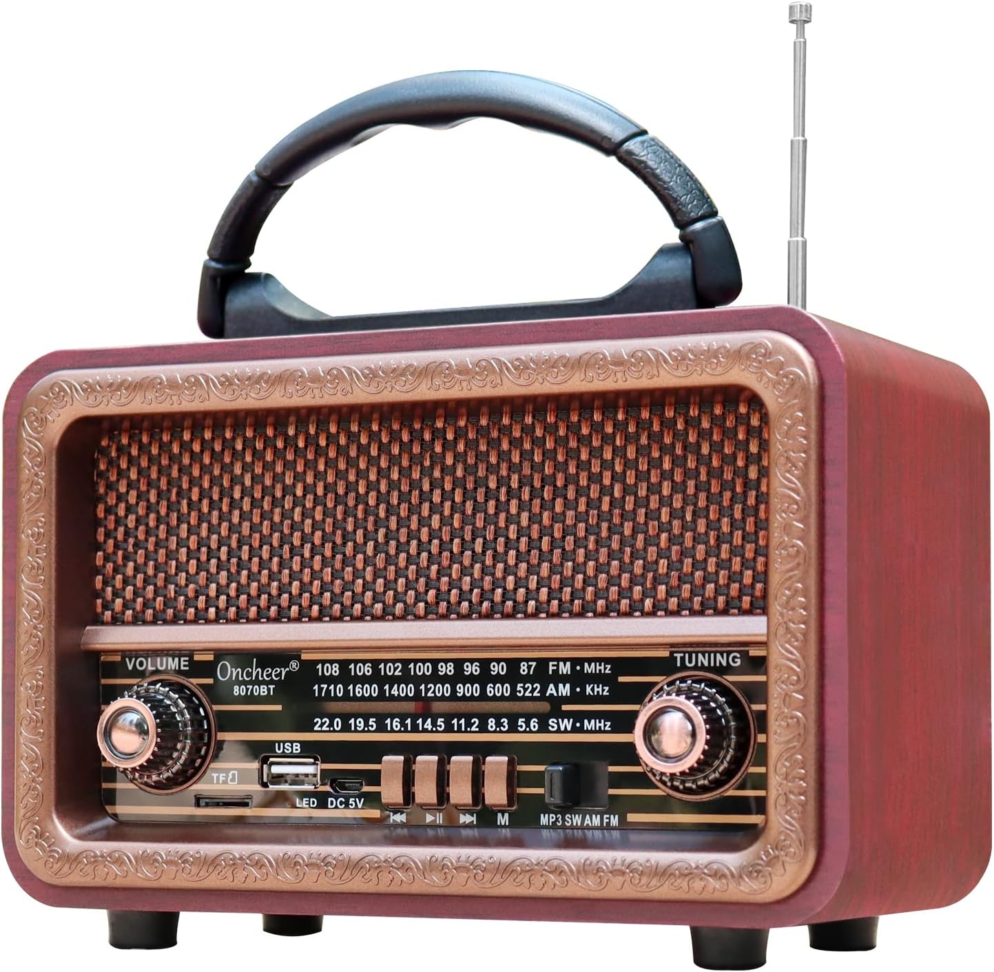 Oncheer AM/FM/SW 3-Band Portable Radio: Wooden Retro Vintage Radios, Rechargeable Battery Operated, Handheld, for Outdoor Picnic Beach Camping, Supports Bluetooth TF Card USB MP3 Player