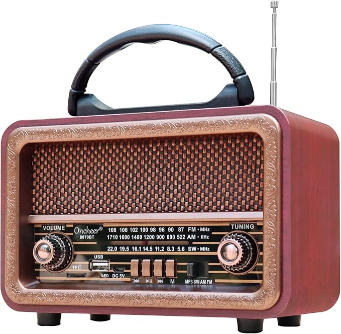 Oncheer AM/FM/SW Radio portátil de 3 bandas Radios retro de madera