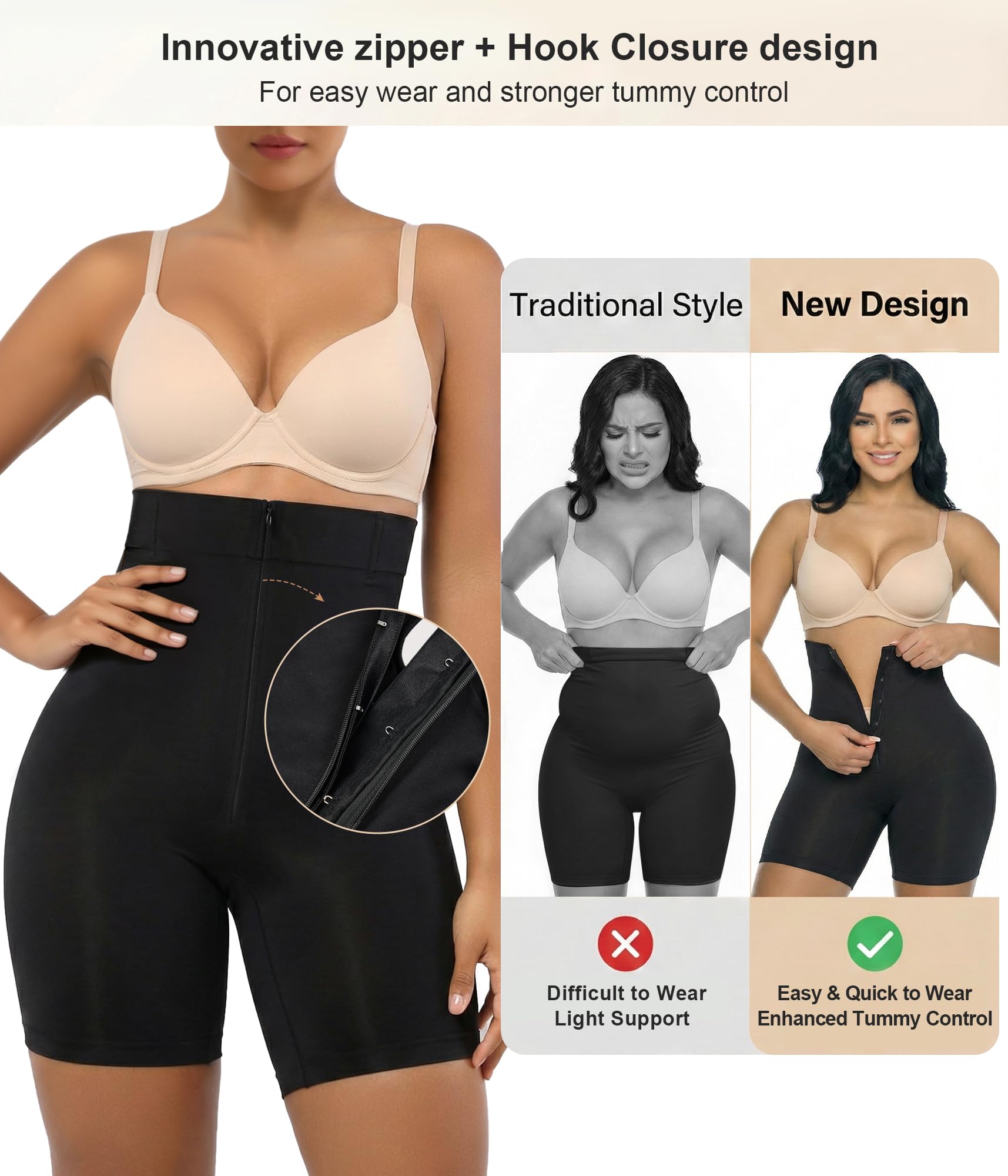 SHAPERX Faja Moldeadora Mujer Alta Compresión con Cremallera y Ganchos, Shorts Moldeadores Cintura Alta Antideslizantes, Pantalón Reductor Vientre Plano Invisible para Uso Diario y Vestidos