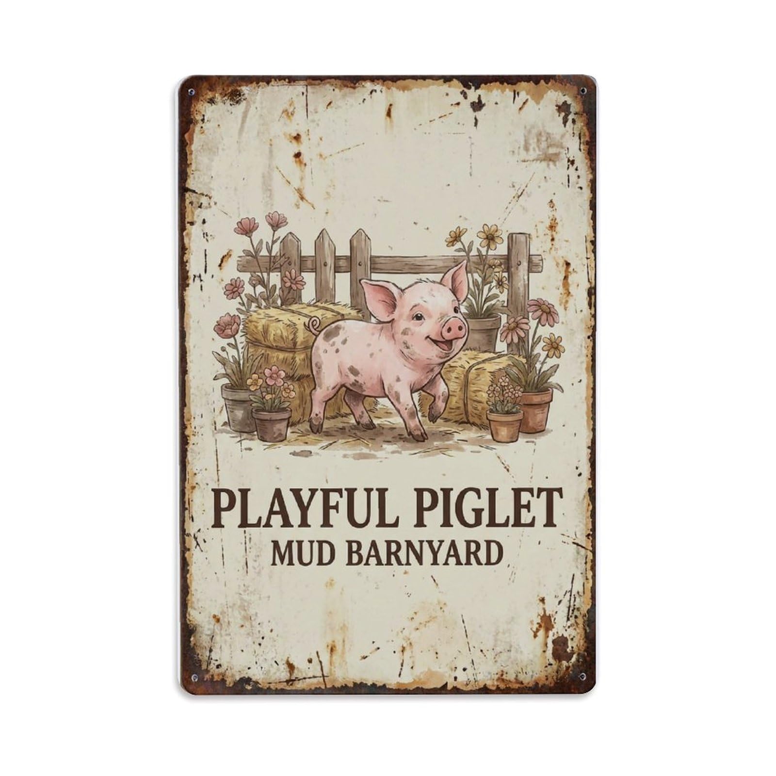 Playful Piglet Mud Barnyard Farm Metal Tin Sign Plaque Wall Decor for Cafe, Club Bar, Office, Home Garden Metal Poster 8x12Inch