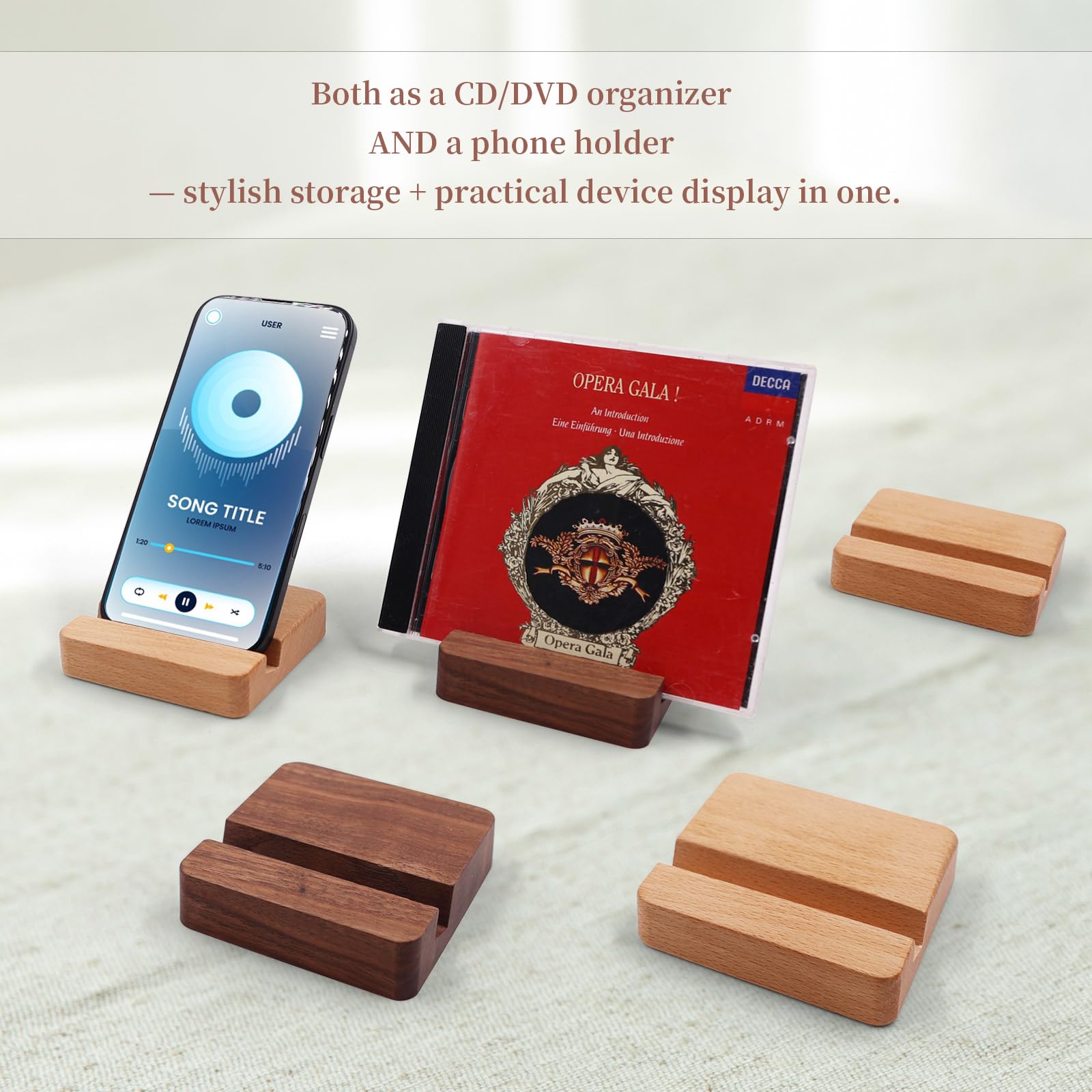 MayRecords 2 supporti in legno per CD e telefono, organizer per CD/DVD in legno massello + supporto per telefono da scrivania per media e dispositivi mobili (legno di noce nero)