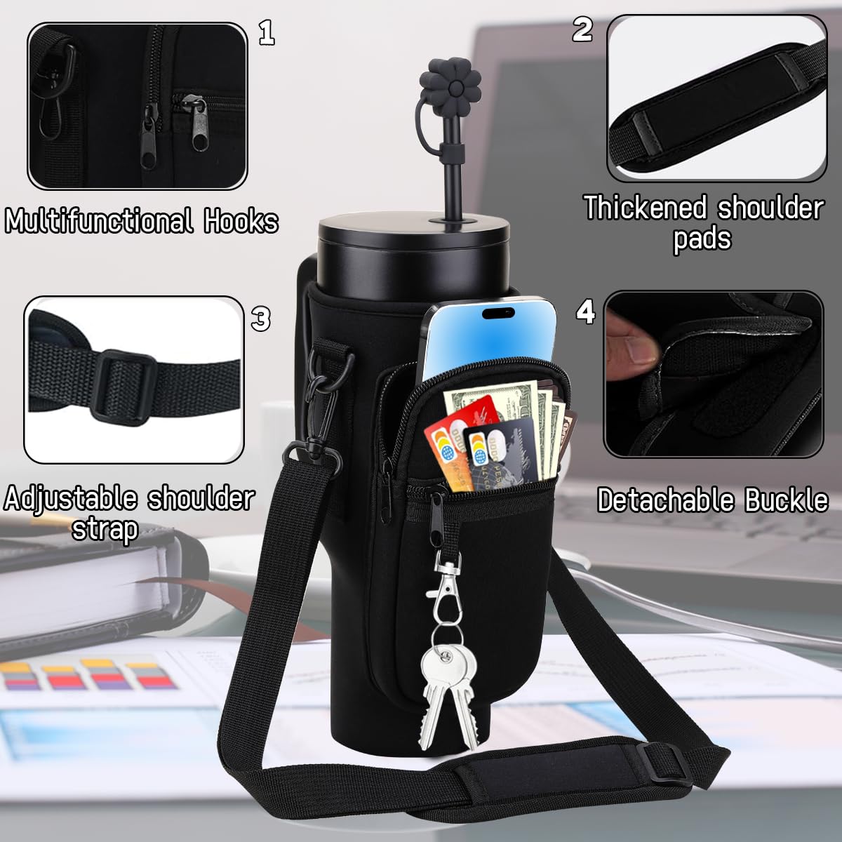 Sanilinwild 40 oz Tumbler with Handle and Straw Water Bottle Holder with Phone Pocket-BPA-Free-Easy to Carry-Travel Coffee Mug - Image 3