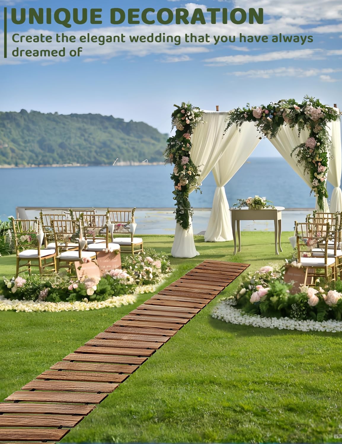 8FT Wooden Garden Pathway, Outdoor Roll Out Decorative Straight Walkway with 8 Stakes, Weather-Resistant and Non-Slip Pavers Boardwalk for Patio, Garden, Backyard, Beach, Wedding Party