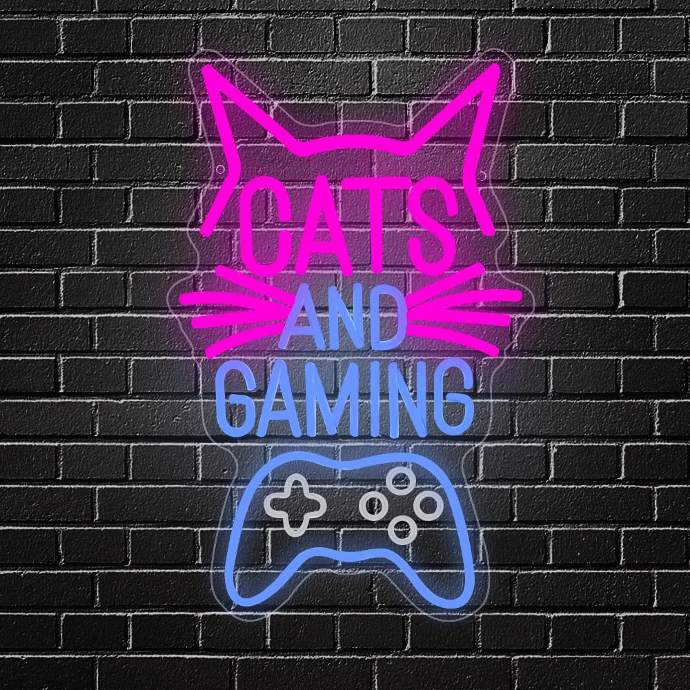 Cats and Gaming Panneau Néon, Panneaux de Lumière Néon Gaming Cat pour la Décoration Murale de la Salle de Jeux, de la Chambre à Coucher Cadeau d'Anniversaire pour les Enfants, Garçons et Filles