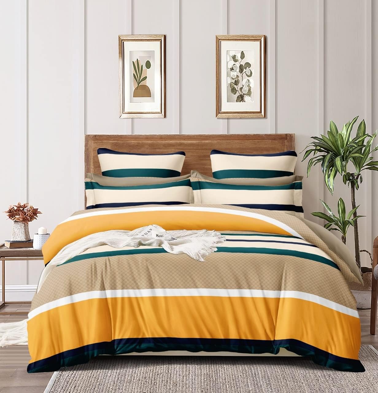 DECOMIZER Xl Microfiber Soft Cotton Queen Geometric Bedsheet For Double Bed,Queen Size 90 Inches X 100 Inches,230 X 250 Cm With 2 Large Size Pillow Covers Without Joint-Yellow Green