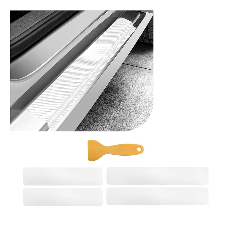 Kit de protetores de soleira para portas automotivas Dickno em PVC com textura de fibra de carbono 3D White, 4 peças