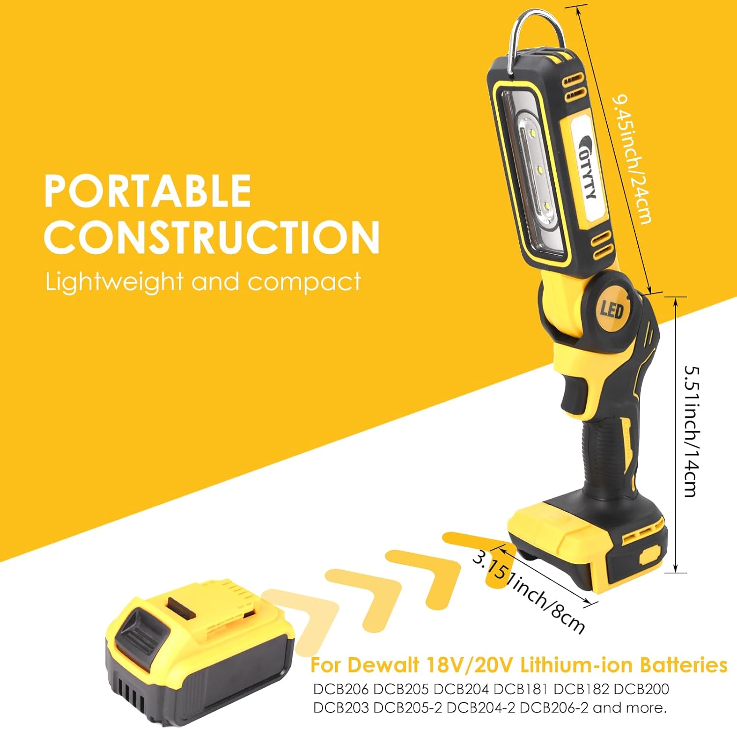 OTYTY Cordless LED Work Light, Compatible with DeWalt 20V Max Battery, 30W 2000LM Rechargeable Work Flashlight Portable Flood Light, Pivoting Head, Black and Yellow (DCL050)