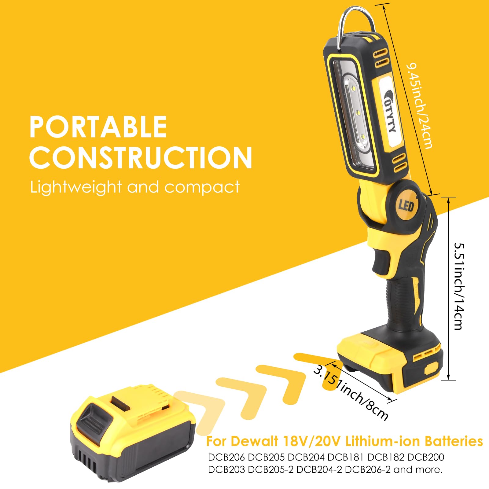 OTYTY Cordless LED Work Light, Compatible with DeWalt 20V Max Battery, 30W 2000LM Rechargeable Flashlight Portable Flood Light, Pivoting Head, Black and Yellow