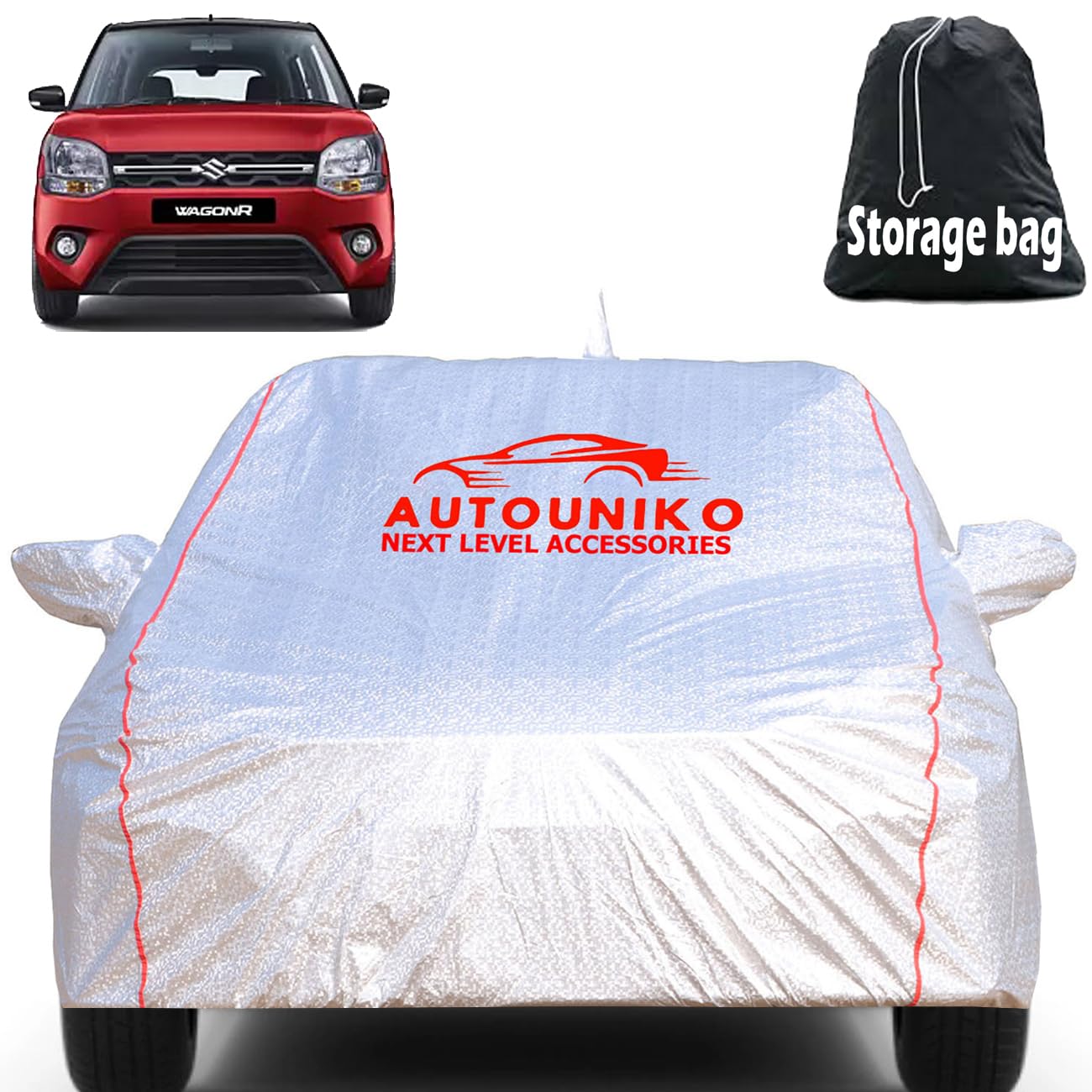 Waterproof Car Body Cover for Maruti Suzuki WagonR with Mirror and Antenna Pocket and Soft Cotton Lining (Full Bottom Elastic Triple Stitched) (Jungle Print with Red Piping)-image-37
