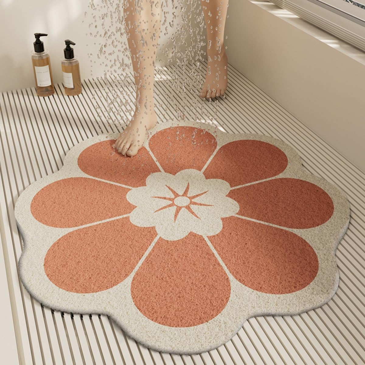 Tapis de Douche antidérapant Daisy PVC Luffa – Bain Doux Rapide(Orange,70x70cm)